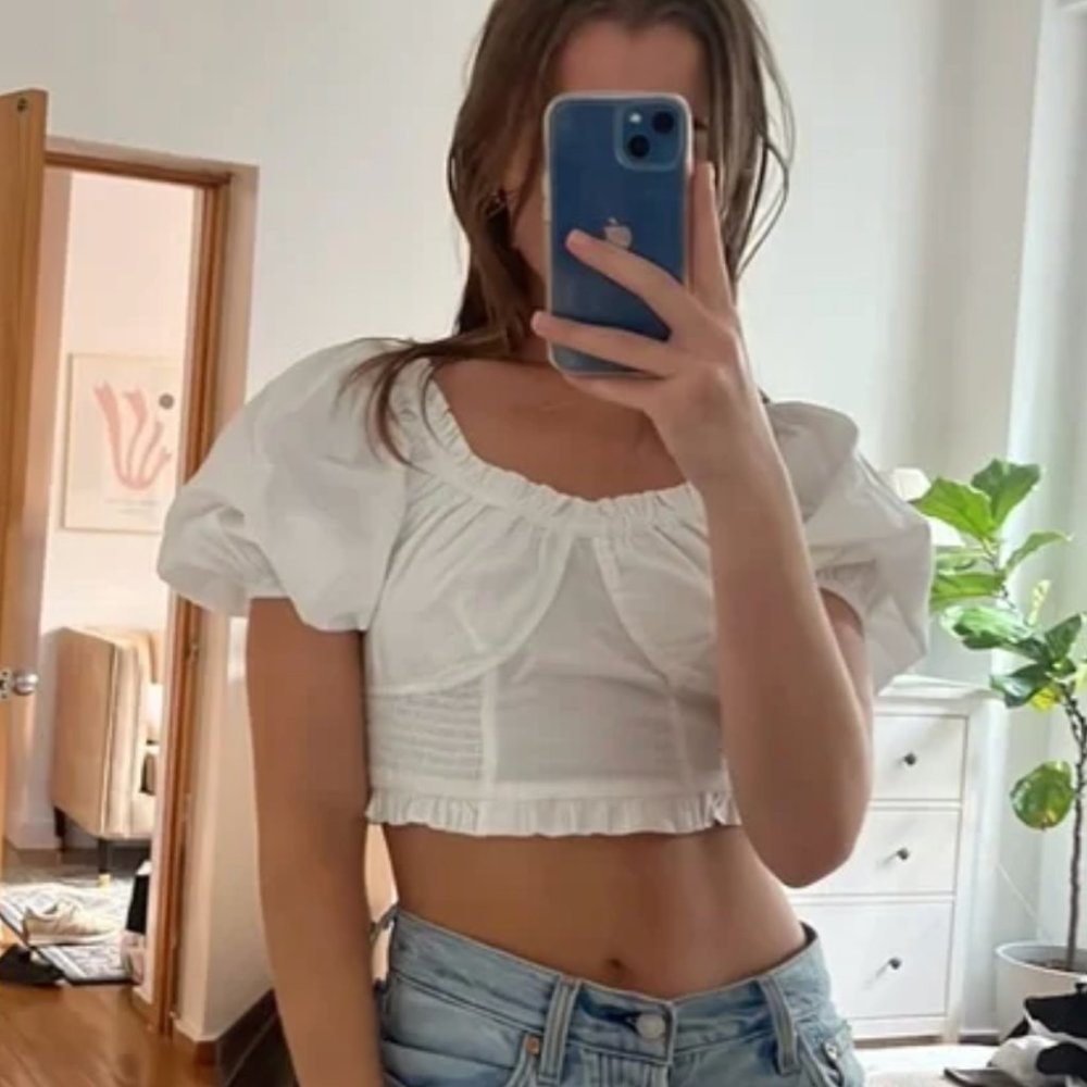 Free People White Crop Top Puff Sleeves